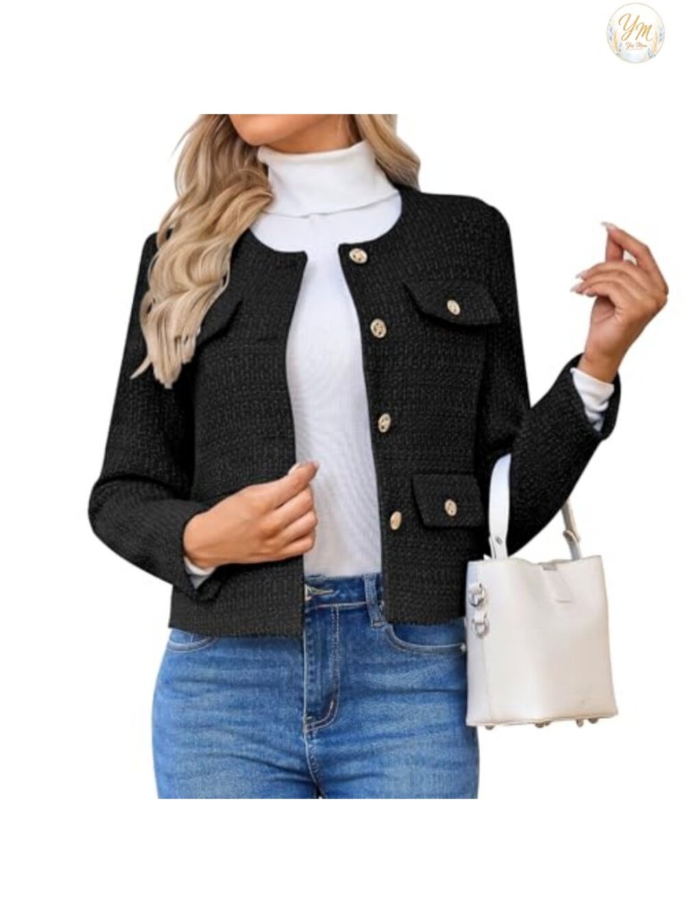 Women's Tweed Blazers Casual Long Sleeve Button Down Cropped Coat